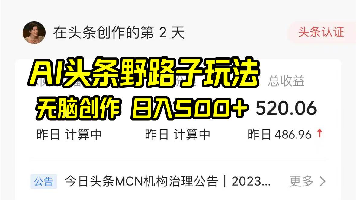 AI头条野路子玩法，无脑创作，日入500+瀚萌资源网-网赚网-网赚项目网-虚拟资源网-国学资源网-易学资源网-本站有全网最新网赚项目-易学课程资源-中医课程资源的在线下载网站！瀚萌资源网