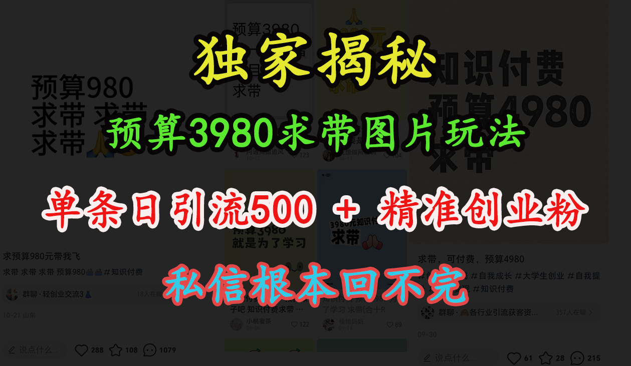 “小红书”预算3980求带 图片玩法，单条日引流500+精准创业粉，私信根本回不完瀚萌资源网-网赚网-网赚项目网-虚拟资源网-国学资源网-易学资源网-本站有全网最新网赚项目-易学课程资源-中医课程资源的在线下载网站！瀚萌资源网