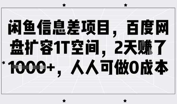闲鱼信息差项目，百度网盘扩容1T空间，2天收益1k+，人人可做0成本瀚萌资源网-网赚网-网赚项目网-虚拟资源网-国学资源网-易学资源网-本站有全网最新网赚项目-易学课程资源-中医课程资源的在线下载网站！瀚萌资源网