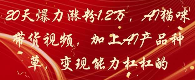20天爆力涨粉1.2W，AI猫咪带货视频，加上AI产品种草，变现能力杠杠的瀚萌资源网-网赚网-网赚项目网-虚拟资源网-国学资源网-易学资源网-本站有全网最新网赚项目-易学课程资源-中医课程资源的在线下载网站！瀚萌资源网