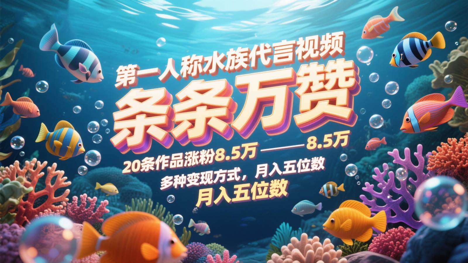 第一人称水族代言视频,条条万赞,20条作品涨粉8.5万,多种变现方式月,入五位数瀚萌资源网-网赚网-网赚项目网-虚拟资源网-国学资源网-易学资源网-本站有全网最新网赚项目-易学课程资源-中医课程资源的在线下载网站!瀚萌资源网