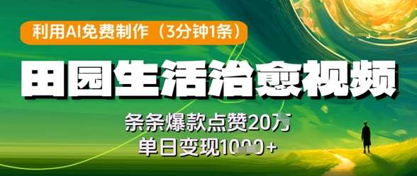利用AI免费制作田园生活治愈视频，条条爆款点赞20W，单日变现几张瀚萌资源网-网赚网-网赚项目网-虚拟资源网-国学资源网-易学资源网-本站有全网最新网赚项目-易学课程资源-中医课程资源的在线下载网站！瀚萌资源网