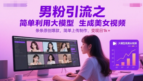 男粉引流之简单利用大模型生成美女视频，条条原创爆款，简单上传制作，变现日1k+瀚萌资源网-网赚网-网赚项目网-虚拟资源网-国学资源网-易学资源网-本站有全网最新网赚项目-易学课程资源-中医课程资源的在线下载网站！瀚萌资源网