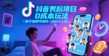 抖音男粉项目0成本玩法，一部手机即可操作，日均4张+，时间自由瀚萌资源网-网赚网-网赚项目网-虚拟资源网-国学资源网-易学资源网-本站有全网最新网赚项目-易学课程资源-中医课程资源的在线下载网站！瀚萌资源网