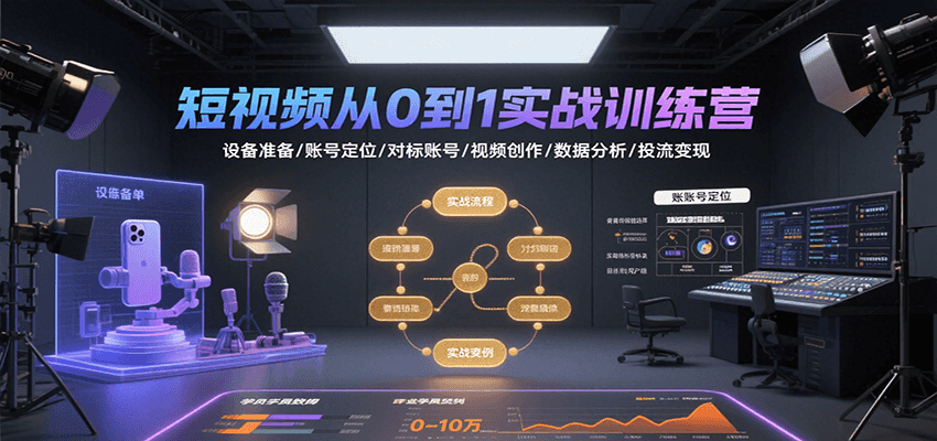 短视频从0到1实战训练营：设备准备/账号定位/对标账号/视频创作/数据分析/投流变现瀚萌资源网-网赚网-网赚项目网-虚拟资源网-国学资源网-易学资源网-本站有全网最新网赚项目-易学课程资源-中医课程资源的在线下载网站！瀚萌资源网