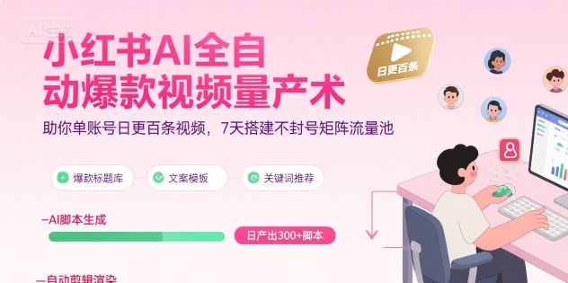 小红书AI全自动爆款视频量产术，助你单账号日更百条视频，7天搭建不封号矩阵流量池瀚萌资源网-网赚网-网赚项目网-虚拟资源网-国学资源网-易学资源网-本站有全网最新网赚项目-易学课程资源-中医课程资源的在线下载网站！瀚萌资源网
