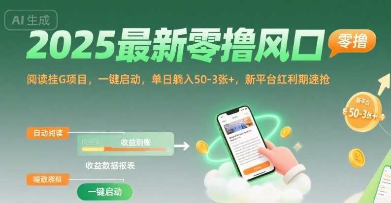 2025最新零撸风口,阅读挂G项目,一键启动,单日躺入 50-3张+,新平台红利期速抢【揭秘】瀚萌资源网-网赚网-网赚项目网-虚拟资源网-国学资源网-易学资源网-本站有全网最新网赚项目-易学课程资源-中医课程资源的在线下载网站!瀚萌资源网