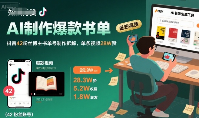 AI制作爆款书单，抖音42粉丝博主书单号制作拆解，单条视频28W赞瀚萌资源网-网赚网-网赚项目网-虚拟资源网-国学资源网-易学资源网-本站有全网最新网赚项目-易学课程资源-中医课程资源的在线下载网站！瀚萌资源网