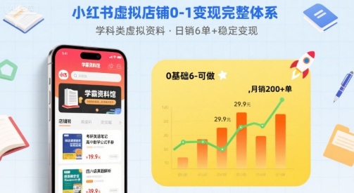 小红书虚拟店铺0-1变现完整体系：卖学科类虚拟资料，一天6张+，很稳定【已完结】瀚萌资源网-网赚网-网赚项目网-虚拟资源网-国学资源网-易学资源网-本站有全网最新网赚项目-易学课程资源-中医课程资源的在线下载网站！瀚萌资源网