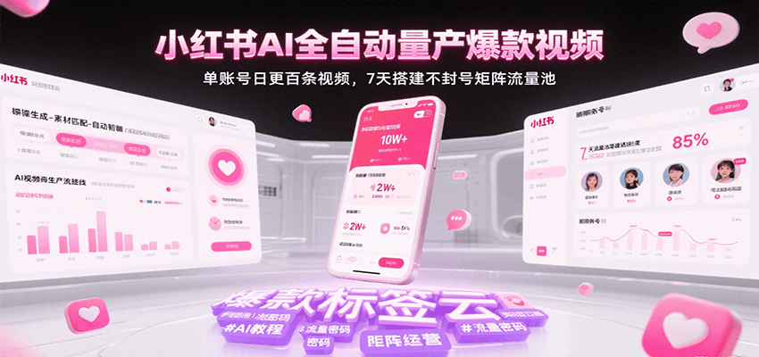 小红书AI全自动量产爆款视频，单账号日更百条视频，7天搭建不封号矩阵流量池（更新）瀚萌资源网-网赚网-网赚项目网-虚拟资源网-国学资源网-易学资源网-本站有全网最新网赚项目-易学课程资源-中医课程资源的在线下载网站！瀚萌资源网