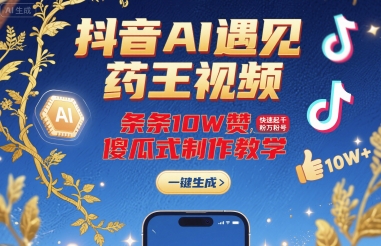 抖音AI遇见药王视频，条条10W赞，快速起千粉万粉号，傻瓜式制作教学瀚萌资源网-网赚网-网赚项目网-虚拟资源网-国学资源网-易学资源网-本站有全网最新网赚项目-易学课程资源-中医课程资源的在线下载网站！瀚萌资源网