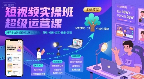 短视频实操班超级运营课，新手小白到短视频大神必修课程，剪辑-拍摄-运营-直播-变现瀚萌资源网-网赚网-网赚项目网-虚拟资源网-国学资源网-易学资源网-本站有全网最新网赚项目-易学课程资源-中医课程资源的在线下载网站！瀚萌资源网