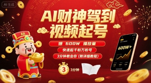 AI财神驾到视频起号，爆600W播放量，快速起千粉万粉号，3分钟教会你(附详细教程)瀚萌资源网-网赚网-网赚项目网-虚拟资源网-国学资源网-易学资源网-本站有全网最新网赚项目-易学课程资源-中医课程资源的在线下载网站！瀚萌资源网