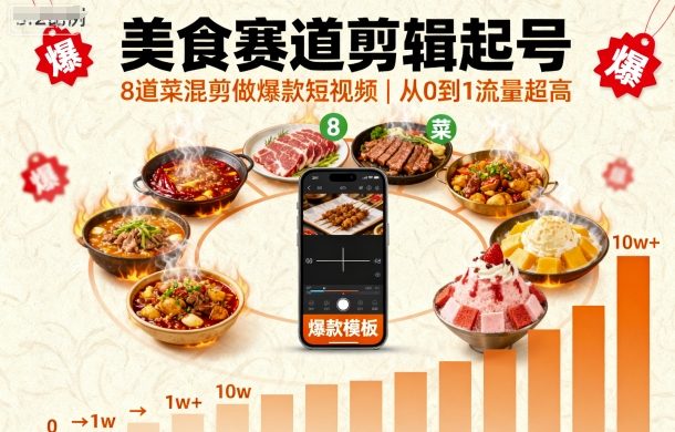 美食赛道剪辑起号，8道菜混剪做爆款短视频，从0到1，流量超高瀚萌资源网-网赚网-网赚项目网-虚拟资源网-国学资源网-易学资源网-本站有全网最新网赚项目-易学课程资源-中医课程资源的在线下载网站！瀚萌资源网