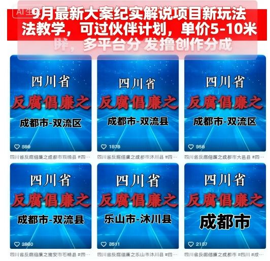 9月最新大案纪实解说项目新玩法教学，可过伙伴计划，单价5-10米，多平台分发撸创作分成瀚萌资源网-网赚网-网赚项目网-虚拟资源网-国学资源网-易学资源网-本站有全网最新网赚项目-易学课程资源-中医课程资源的在线下载网站！瀚萌资源网
