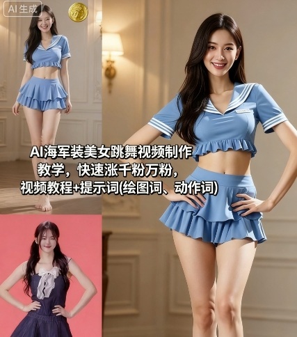 AI海军装美女跳舞视频制作教学，快速涨千粉万粉，视频教程+提示词(绘图词、动作词)瀚萌资源网-网赚网-网赚项目网-虚拟资源网-国学资源网-易学资源网-本站有全网最新网赚项目-易学课程资源-中医课程资源的在线下载网站！瀚萌资源网