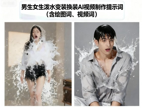 男生女生泼水变装换装AI视频制作提示词(含绘图词、视频词)瀚萌资源网-网赚网-网赚项目网-虚拟资源网-国学资源网-易学资源网-本站有全网最新网赚项目-易学课程资源-中医课程资源的在线下载网站！瀚萌资源网