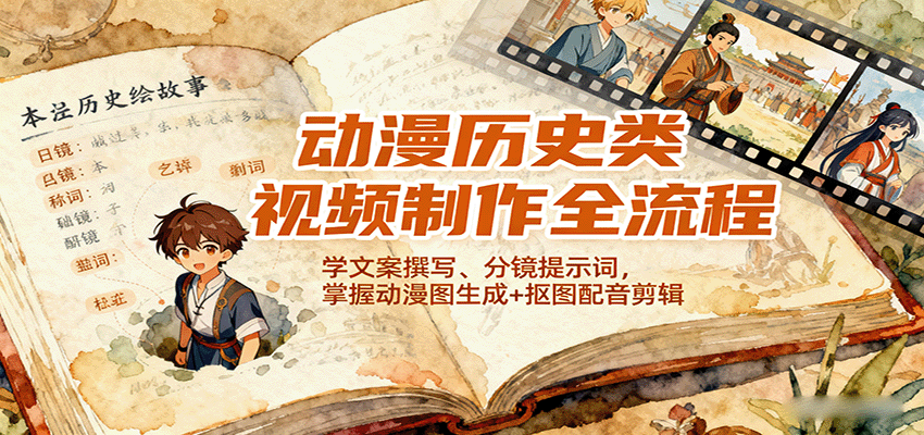 动漫历史类视频制作全流程，学文案撰写、分镜提示词，掌握动漫图生成+抠图配音剪辑瀚萌资源网-网赚网-网赚项目网-虚拟资源网-国学资源网-易学资源网-本站有全网最新网赚项目-易学课程资源-中医课程资源的在线下载网站！瀚萌资源网