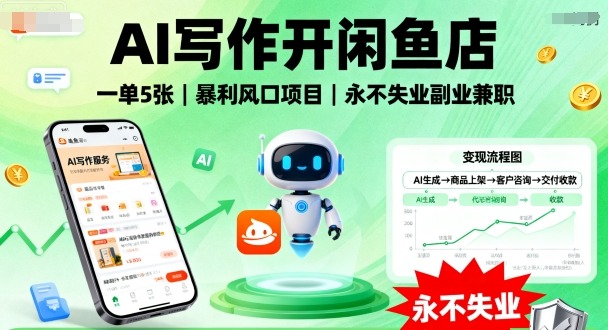 AI写作开闲鱼店，一单5张，暴利风口项目，永不失业副业兼职【全网首发】瀚萌资源网-网赚网-网赚项目网-虚拟资源网-国学资源网-易学资源网-本站有全网最新网赚项目-易学课程资源-中医课程资源的在线下载网站！瀚萌资源网