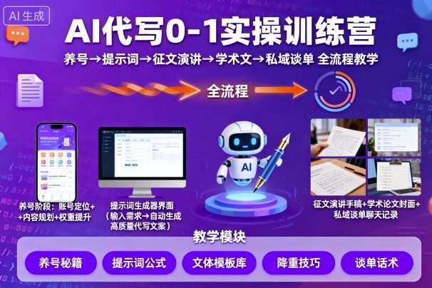 AI代写0-1实操训练营，从养号、提示词、征文演讲、学术文，到私域谈单的全流程教学瀚萌资源网-网赚网-网赚项目网-虚拟资源网-国学资源网-易学资源网-本站有全网最新网赚项目-易学课程资源-中医课程资源的在线下载网站！瀚萌资源网
