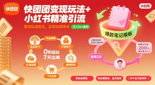 快团团变现玩法+小红书精准引流技巧，助你真正落地私域卖货，实现持续挣米瀚萌资源网-网赚网-网赚项目网-虚拟资源网-国学资源网-易学资源网-本站有全网最新网赚项目-易学课程资源-中医课程资源的在线下载网站！瀚萌资源网