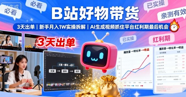 B站好物带货，3天出单，新手月入1W实操拆解，AI生成视频，抓住平台红利期最后机会瀚萌资源网-网赚网-网赚项目网-虚拟资源网-国学资源网-易学资源网-本站有全网最新网赚项目-易学课程资源-中医课程资源的在线下载网站！瀚萌资源网
