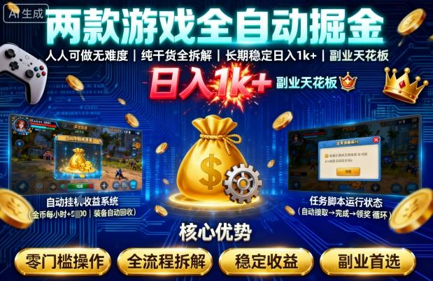 两款游戏全自动掘金，人人可做无难度，纯干货全拆解，长期稳定，日入1k+，副业天花板【揭秘】瀚萌资源网-网赚网-网赚项目网-虚拟资源网-国学资源网-易学资源网-本站有全网最新网赚项目-易学课程资源-中医课程资源的在线下载网站！瀚萌资源网