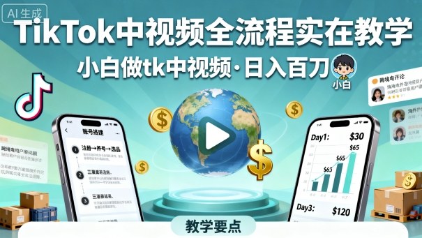 TikTok中视频全流程实操教学，小白做tk中视频，日入百刀瀚萌资源网-网赚网-网赚项目网-虚拟资源网-国学资源网-易学资源网-本站有全网最新网赚项目-易学课程资源-中医课程资源的在线下载网站！瀚萌资源网