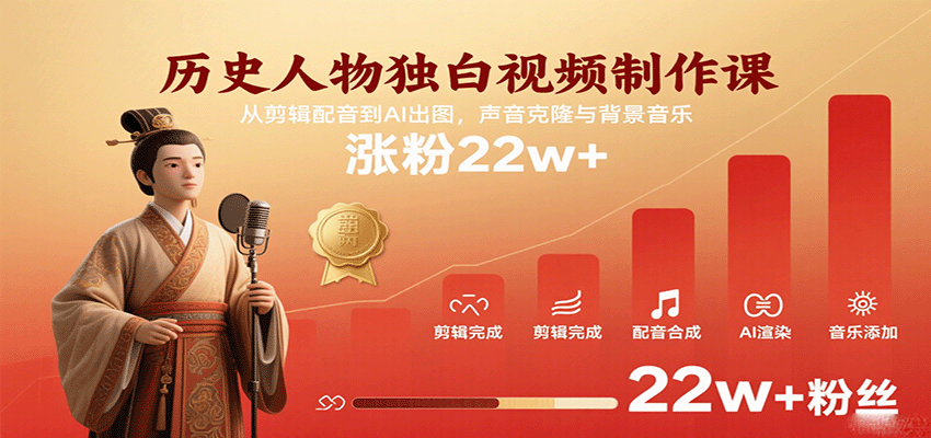 历史人物独白视频制作课，从剪辑配音到AI出图，声音克隆与背景音乐，涨粉22w+瀚萌资源网-网赚网-网赚项目网-虚拟资源网-国学资源网-易学资源网-本站有全网最新网赚项目-易学课程资源-中医课程资源的在线下载网站！瀚萌资源网