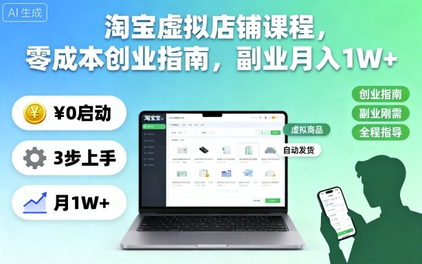 淘宝虚拟店铺课程，零成本创业指南，副业月入1W+瀚萌资源网-网赚网-网赚项目网-虚拟资源网-国学资源网-易学资源网-本站有全网最新网赚项目-易学课程资源-中医课程资源的在线下载网站！瀚萌资源网