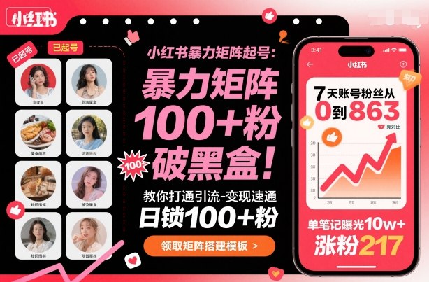 小红书暴力矩阵起号，教你打通引流-变现速通，日锁100+粉，破流量黑盒瀚萌资源网-网赚网-网赚项目网-虚拟资源网-国学资源网-易学资源网-本站有全网最新网赚项目-易学课程资源-中医课程资源的在线下载网站！瀚萌资源网