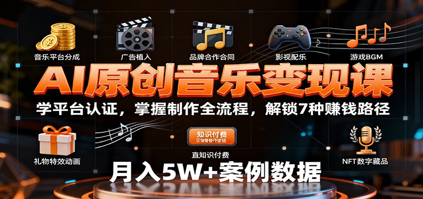 AI原创音乐变现课：学平台认证，掌握制作全流程，解锁7种赚钱路径瀚萌资源网-网赚网-网赚项目网-虚拟资源网-国学资源网-易学资源网-本站有全网最新网赚项目-易学课程资源-中医课程资源的在线下载网站！瀚萌资源网