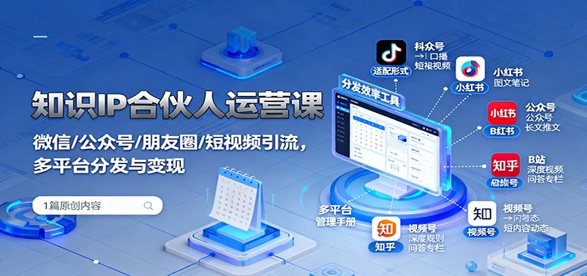 知识IP合伙人运营课：微信/公众号/朋友圈/短视频引流，多平台分发与变现瀚萌资源网-网赚网-网赚项目网-虚拟资源网-国学资源网-易学资源网-本站有全网最新网赚项目-易学课程资源-中医课程资源的在线下载网站！瀚萌资源网