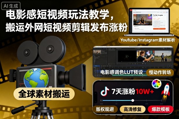 电影感短视频玩法教学，搬运外网短视频剪辑发布涨粉瀚萌资源网-网赚网-网赚项目网-虚拟资源网-国学资源网-易学资源网-本站有全网最新网赚项目-易学课程资源-中医课程资源的在线下载网站！瀚萌资源网