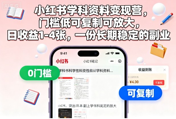 小红书学科资料变现营，门槛低可复制可放大，日收益1-4张，一份长期稳定的副业瀚萌资源网-网赚网-网赚项目网-虚拟资源网-国学资源网-易学资源网-本站有全网最新网赚项目-易学课程资源-中医课程资源的在线下载网站！瀚萌资源网