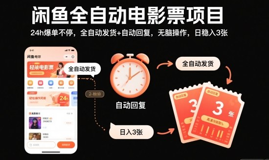 闲鱼全自动电影票项目，24h爆单不停，全自动发货+自动回复，无脑操作，日稳入3张【揭秘】瀚萌资源网-网赚网-网赚项目网-虚拟资源网-国学资源网-易学资源网-本站有全网最新网赚项目-易学课程资源-中医课程资源的在线下载网站！瀚萌资源网