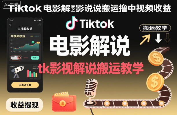Tiktok电影解说搬运撸中视频收益，tk影视解说搬运教学瀚萌资源网-网赚网-网赚项目网-虚拟资源网-国学资源网-易学资源网-本站有全网最新网赚项目-易学课程资源-中医课程资源的在线下载网站！瀚萌资源网