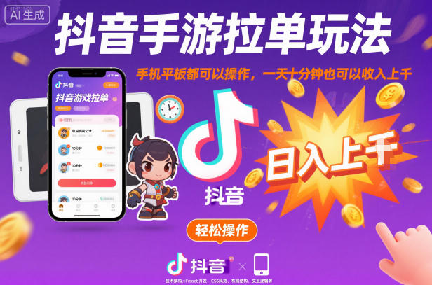 抖音手游拉单玩法，手机平板都可以操作，一天十分钟也可以收入上K【揭秘】瀚萌资源网-网赚网-网赚项目网-虚拟资源网-国学资源网-易学资源网-本站有全网最新网赚项目-易学课程资源-中医课程资源的在线下载网站！瀚萌资源网