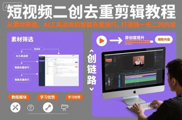 短视频二创去重剪辑教程，从素材筛选、AI工具运用到智能去重技巧，打造独一无二的内容瀚萌资源网-网赚网-网赚项目网-虚拟资源网-国学资源网-易学资源网-本站有全网最新网赚项目-易学课程资源-中医课程资源的在线下载网站！瀚萌资源网