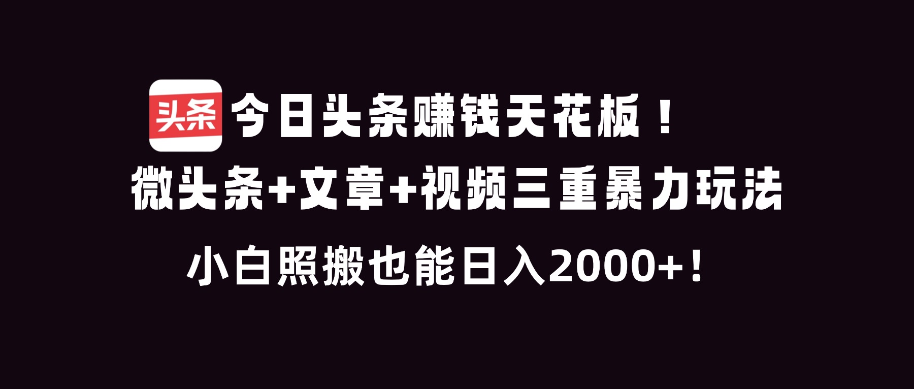 （16888期）今日头条赚钱天花板！微头条+文章+视频三重暴利玩法，小白照搬也能日人2000+瀚萌资源网-网赚网-网赚项目网-虚拟资源网-国学资源网-易学资源网-本站有全网最新网赚项目-易学课程资源-中医课程资源的在线下载网站！瀚萌资源网