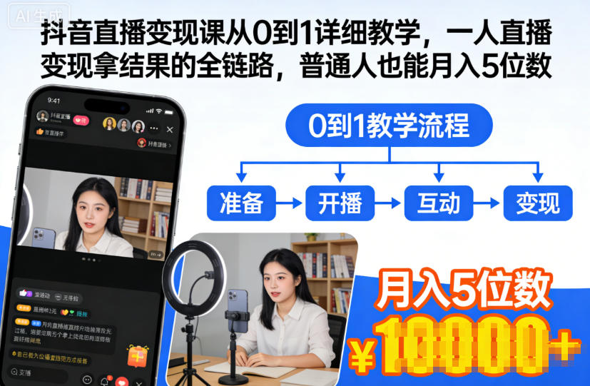 抖音直播变现课从0到1详细教学，一人直播变现拿结果的全链路，普通人也能月入5位数瀚萌资源网-网赚网-网赚项目网-虚拟资源网-国学资源网-易学资源网-本站有全网最新网赚项目-易学课程资源-中医课程资源的在线下载网站！瀚萌资源网