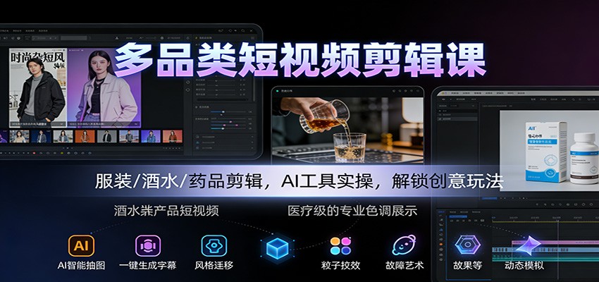 多品类短视频剪辑课：服装/酒水/药品剪辑，AI工具实操，解锁创意玩法瀚萌资源网-网赚网-网赚项目网-虚拟资源网-国学资源网-易学资源网-本站有全网最新网赚项目-易学课程资源-中医课程资源的在线下载网站！瀚萌资源网
