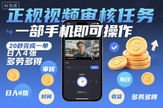 正规视频审核任务，一部手机即可操作，20秒完成一单，日入4张，多劳多得【揭秘】瀚萌资源网-网赚网-网赚项目网-虚拟资源网-国学资源网-易学资源网-本站有全网最新网赚项目-易学课程资源-中医课程资源的在线下载网站！瀚萌资源网