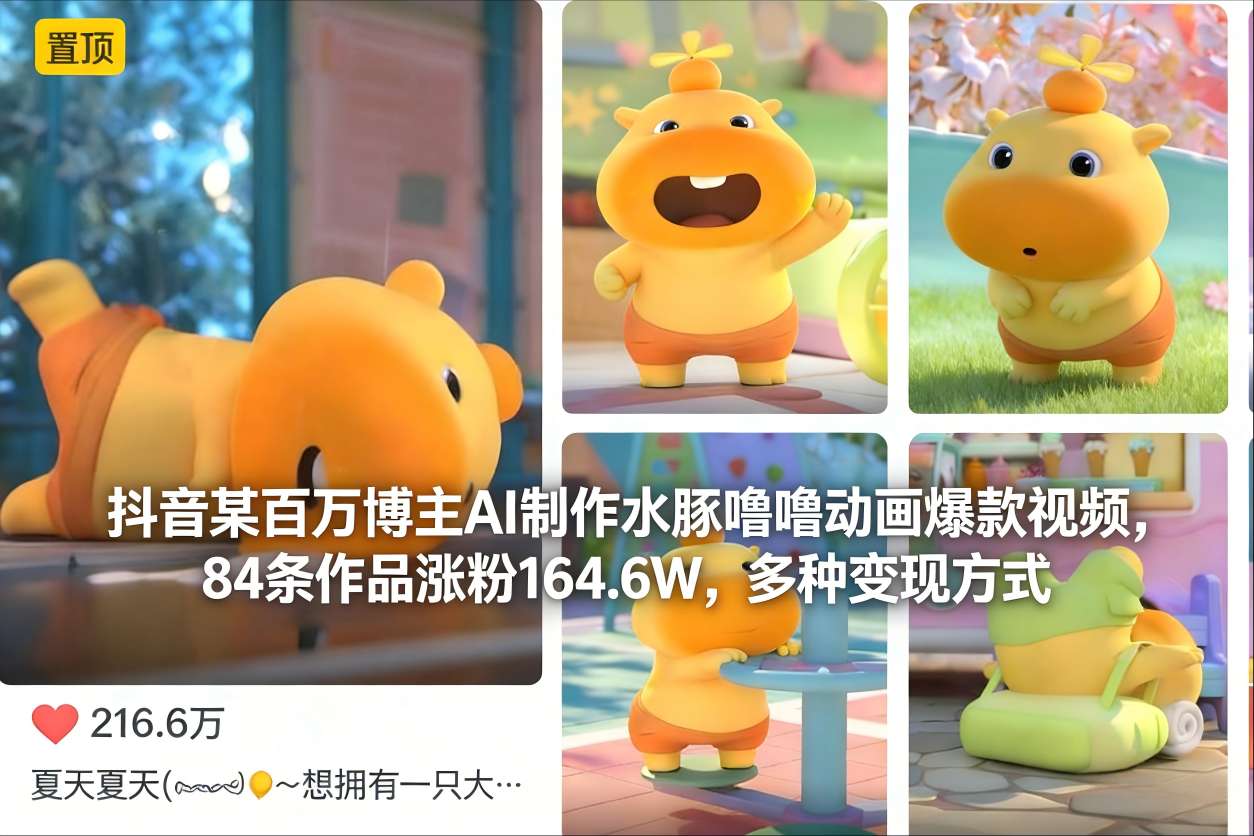 抖音某百万博主AI制作水豚噜噜动画爆款视频，84条作品涨粉164.6W，多种变现方式瀚萌资源网-网赚网-网赚项目网-虚拟资源网-国学资源网-易学资源网-本站有全网最新网赚项目-易学课程资源-中医课程资源的在线下载网站！瀚萌资源网