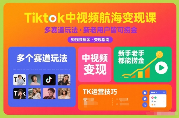 Tiktok中视频航海变现课，多个赛道玩法，新手老手都能在TK中视频捞金瀚萌资源网-网赚网-网赚项目网-虚拟资源网-国学资源网-易学资源网-本站有全网最新网赚项目-易学课程资源-中医课程资源的在线下载网站！瀚萌资源网