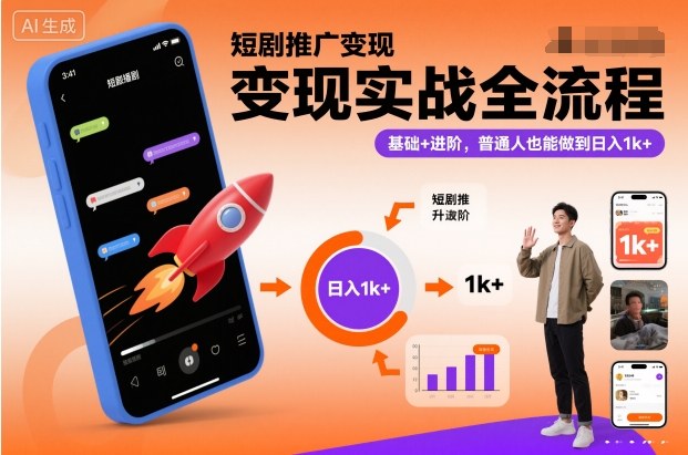 短剧推广变现实战全流程，基础+进阶，普通人也能做到日入1k+瀚萌资源网-网赚网-网赚项目网-虚拟资源网-国学资源网-易学资源网-本站有全网最新网赚项目-易学课程资源-中医课程资源的在线下载网站！瀚萌资源网