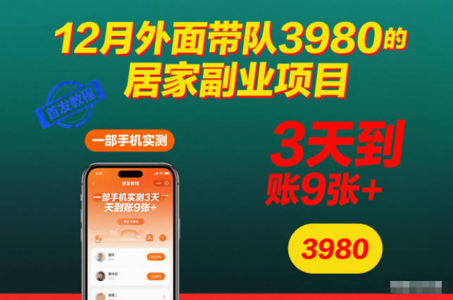 12月外面带队3980的居家副业项目，一部手机实测3天到账9张+，首发教程【揭秘】瀚萌资源网-网赚网-网赚项目网-虚拟资源网-国学资源网-易学资源网-本站有全网最新网赚项目-易学课程资源-中医课程资源的在线下载网站！瀚萌资源网