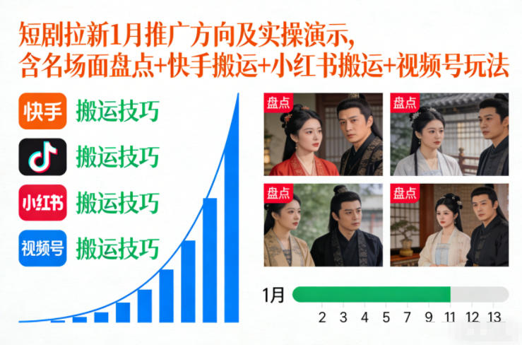 短剧拉新1月推广方向及实操演示，含名场面盘点+快手搬运+小红书搬运+视频号玩法瀚萌资源网-网赚网-网赚项目网-虚拟资源网-国学资源网-易学资源网-本站有全网最新网赚项目-易学课程资源-中医课程资源的在线下载网站！瀚萌资源网
