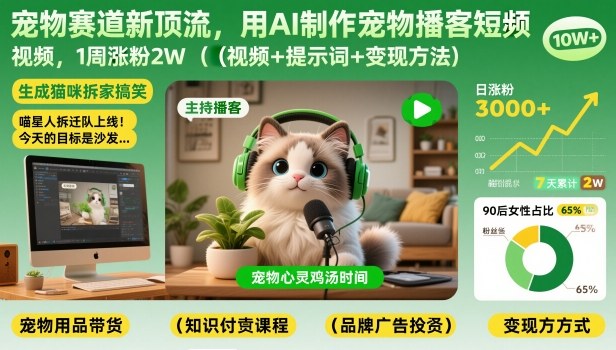 宠物赛道新顶流，用AI制作宠物播客短视频，1周涨粉2W（视频+提示词+变现方法）瀚萌资源网-网赚网-网赚项目网-虚拟资源网-国学资源网-易学资源网-本站有全网最新网赚项目-易学课程资源-中医课程资源的在线下载网站！瀚萌资源网