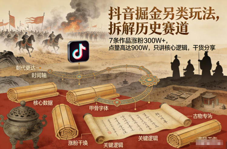 抖音掘金另类玩法，拆解历史赛道，7条作品涨粉300W+，点赞量高达900W，只讲核心逻辑，干货分享瀚萌资源网-网赚网-网赚项目网-虚拟资源网-国学资源网-易学资源网-本站有全网最新网赚项目-易学课程资源-中医课程资源的在线下载网站！瀚萌资源网
